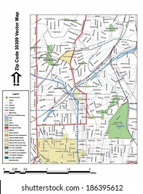 Vector map with summits, rivers, railroads, streets, lakes, parks, airports, stadiums, correctional facilities, military installations and federal lands by zip code 30309 with labels and clean layers.