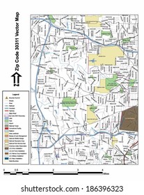 Vector map with summits, rivers, railroads, streets, lakes, parks, airports, stadiums, correctional facilities, military installations and federal lands by zip code 30311 with labels and clean layers.