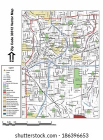 Vector Map With Summits, Rivers, Railroads, Streets, Lakes, Parks, Airports, Stadiums, Correctional Facilities, Military Installations And Federal Lands By Zip Code 30312 With Labels And Clean Layers.