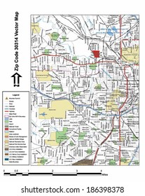 Vector map with summits, rivers, railroads, streets, lakes, parks, airports, stadiums, correctional facilities, military installations and federal lands by zip code 30314 with labels and clean layers.