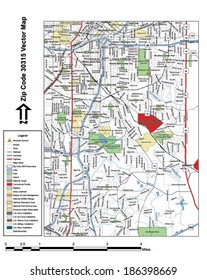 Vector map with summits, rivers, railroads, streets, lakes, parks, airports, stadiums, correctional facilities, military installations and federal lands by zip code 30315 with labels and clean layers.
