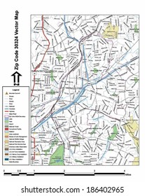 Vector map with summits, rivers, railroads, streets, lakes, parks, airports, stadiums, correctional facilities, military installations and federal lands by zip code 30324 with labels and clean layers.