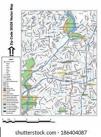 Vector map with summits, rivers, railroads, streets, lakes, parks, airports, stadiums, correctional facilities, military installations and federal lands by zip code 30328 with labels and clean layers.