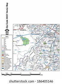 Vector map with summits, rivers, railroads, streets, lakes, parks, airports, stadiums, correctional facilities, military installations and federal lands by zip code 30331 with labels and clean layers.
