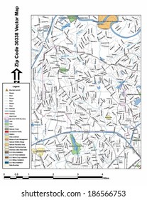 Vector map with summits, rivers, railroads, streets, lakes, parks, airports, stadiums, correctional facilities, military installations and federal lands by zip code 30338 with labels and clean layers.