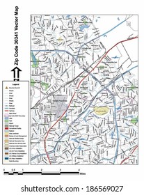 Vector map with summits, rivers, railroads, streets, lakes, parks, airports, stadiums, correctional facilities, military installations and federal lands by zip code 30341 with labels and clean layers.