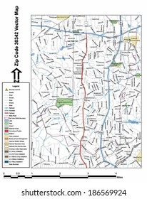 Vector map with summits, rivers, railroads, streets, lakes, parks, airports, stadiums, correctional facilities, military installations and federal lands by zip code 30342 with labels and clean layers.