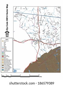 Vector map with summits, rivers, railroads, streets, lakes, parks, airports, stadiums, correctional facilities, military installations and federal lands by zip code 30814 with labels and clean layers.