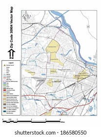 Vector Map With Summits, Rivers, Railroads, Streets, Lakes, Parks, Airports, Stadiums, Correctional Facilities, Military Installations And Federal Lands By Zip Code 30904 With Labels And Clean Layers.