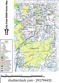 Vector map with summits, rivers, railroads, streets, lakes, parks, airports, stadiums, correctional facilities, military installations and federal lands by zip code 85028 with labels and clean layers.