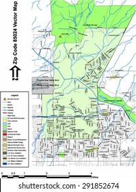 Vector map with summits, rivers, railroads, streets, lakes, parks, airports, stadiums, correctional facilities, military installations and federal lands by zip code 85024 with labels and clean layers.