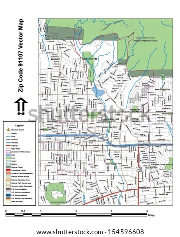 Vector map with summits, rivers, railroads, streets, lakes, parks, airports, stadiums, correctional facilities, military installations and federal lands by zip code 91107 with labels and clean layers.