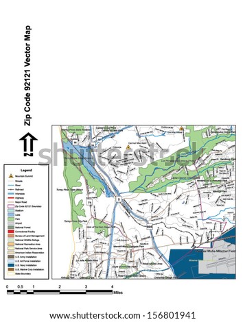 Vector map with summits, rivers, railroads, streets, lakes, parks, airports, stadiums, correctional facilities, military installations and federal lands by zip code 92121 with labels and clean layers.