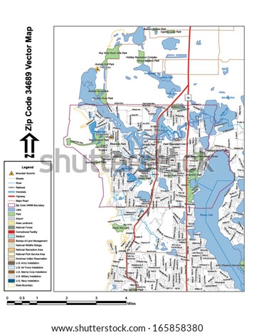 Vector map with summits, rivers, railroads, streets, lakes, parks, airports, stadiums, correctional facilities, military installations and federal lands by zip code 34689 with labels and clean layers.