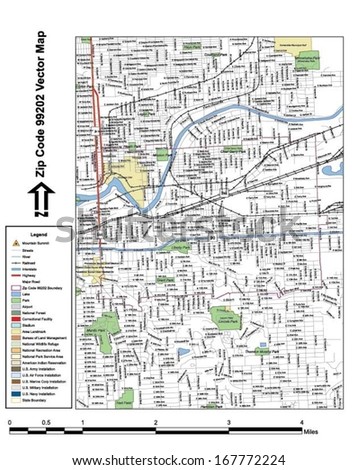 Vector map with summits, rivers, railroads, streets, lakes, parks, airports, stadiums, correctional facilities, military installations and federal lands by zip code 99202 with labels and clean layers.