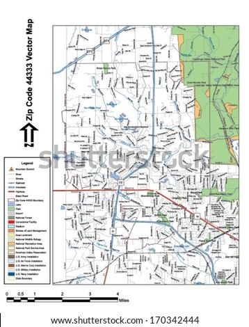 Vector map with summits, rivers, railroads, streets, lakes, parks, airports, stadiums, correctional facilities, military installations and federal lands by zip code 44333 with labels and clean layers.