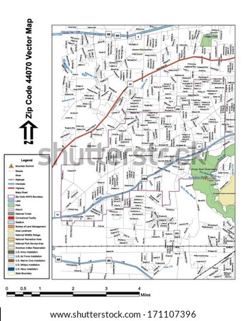 Vector map with summits, rivers, railroads, streets, lakes, parks, airports, stadiums, correctional facilities, military installations and federal lands by zip code 44070 with labels and clean layers.