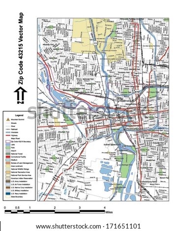 Vector map with summits, rivers, railroads, streets, lakes, parks, airports, stadiums, correctional facilities, military installations and federal lands by zip code 43215 with labels and clean layers.
