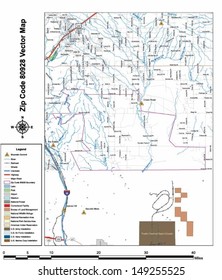 Vector map with summits,rivers, railroads, streets, lakes, parks, airports, stadiums, correctional facilities, military installations and federal lands by zip code 80928 with labels and clean layers.