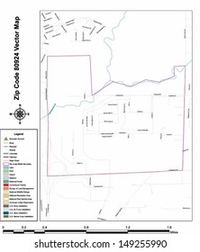 Vector map with summits,rivers, railroads, streets, lakes, parks, airports, stadiums, correctional facilities, military installations and federal lands by zip code 80924 with labels and clean layers.