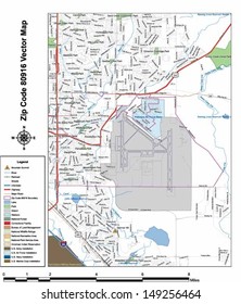 Vector map with summits,rivers, railroads, streets, lakes, parks, airports, stadiums, correctional facilities, military installations and federal lands by zip code 80916 with labels and clean layers.