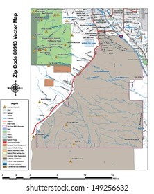Vector map with summits,rivers, railroads, streets, lakes, parks, airports, stadiums, correctional facilities, military installations and federal lands by zip code 80913 with labels and clean layers.