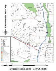 Vector map with summits,rivers, railroads, streets, lakes, parks, airports, stadiums, correctional facilities, military installations and federal lands by zip code 80905 with labels and clean layers.