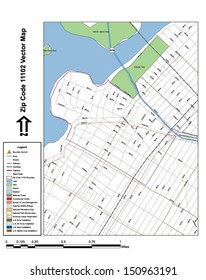 Vector map with summits,rivers, railroads, streets, lakes, parks, airports, stadiums, correctional facilities, military installations and federal lands by zip code 11102 with labels and clean layers.