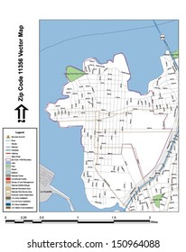 Vector map with summits,rivers, railroads, streets, lakes, parks, airports, stadiums, correctional facilities, military installations and federal lands by zip code 11356 with labels and clean layers.