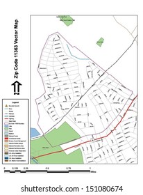 Vector map with summits,rivers, railroads, streets, lakes, parks, airports, stadiums, correctional facilities, military installations and federal lands by zip code 11363 with labels and clean layers.