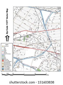 Vector map with summits,rivers, railroads, streets, lakes, parks, airports, stadiums, correctional facilities, military installations and federal lands by zip code 11377 with labels and clean layers.