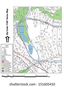 Vector map with summits,rivers, railroads, streets, lakes, parks, airports, stadiums, correctional facilities, military installations and federal lands by zip code 11367 with labels and clean layers.