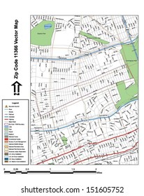 Vector map with summits,rivers, railroads, streets, lakes, parks, airports, stadiums, correctional facilities, military installations and federal lands by zip code 11366 with labels and clean layers.