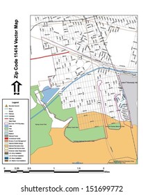 Vector map with summits,rivers, railroads, streets, lakes, parks, airports, stadiums, correctional facilities, military installations and federal lands by zip code 11414 with labels and clean layers.