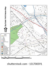 Vector map with summits,rivers, railroads, streets, lakes, parks, airports, stadiums, correctional facilities, military installations and federal lands by zip code 11415 with labels and clean layers.