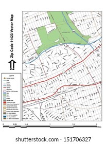Vector map with summits,rivers, railroads, streets, lakes, parks, airports, stadiums, correctional facilities, military installations and federal lands by zip code 11423 with labels and clean layers.