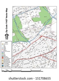 Vector map with summits,rivers, railroads, streets, lakes, parks, airports, stadiums, correctional facilities, military installations and federal lands by zip code 11427 with labels and clean layers.