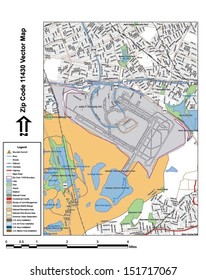 Vector map with summits,rivers, railroads, streets, lakes, parks, airports, stadiums, correctional facilities, military installations and federal lands by zip code 11430 with labels and clean layers.