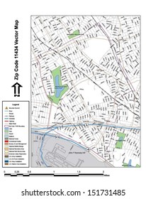 Vector map with summits,rivers, railroads, streets, lakes, parks, airports, stadiums, correctional facilities, military installations and federal lands by zip code 11434 with labels and clean layers.