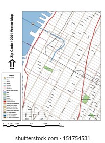 Vector Map With Summits,rivers, Railroads, Streets, Lakes, Parks, Airports, Stadiums, Correctional Facilities, Military Installations And Federal Lands By Zip Code 10001 With Labels And Clean Layers.