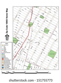 Vector map with summits,rivers, railroads, streets, lakes, parks, airports, stadiums, correctional facilities, military installations and federal lands by zip code 10003 with labels and clean layers.