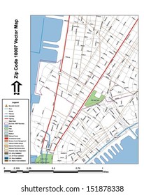 Vector map with summits,rivers, railroads, streets, lakes, parks, airports, stadiums, correctional facilities, military installations and federal lands by zip code 10007 with labels and clean layers.