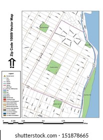 Vector Map With Summits,rivers, Railroads, Streets, Lakes, Parks, Airports, Stadiums, Correctional Facilities, Military Installations And Federal Lands By Zip Code 10009 With Labels And Clean Layers.