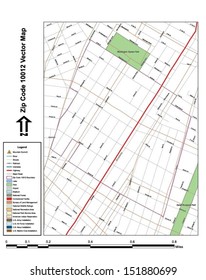 Vector map with summits,rivers, railroads, streets, lakes, parks, airports, stadiums, correctional facilities, military installations and federal lands by zip code 10012 with labels and clean layers.
