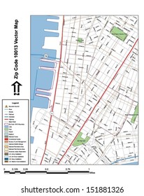 Vector map with summits,rivers, railroads, streets, lakes, parks, airports, stadiums, correctional facilities, military installations and federal lands by zip code 10013 with labels and clean layers.