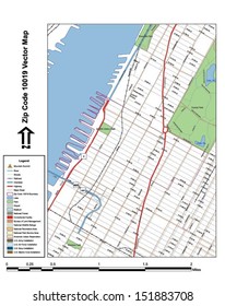 Vector map with summits,rivers, railroads, streets, lakes, parks, airports, stadiums, correctional facilities, military installations and federal lands by zip code 10019 with labels and clean layers.