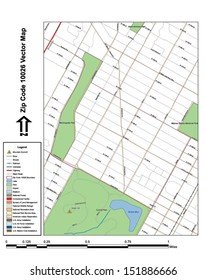 Vector map with summits,rivers, railroads, streets, lakes, parks, airports, stadiums, correctional facilities, military installations and federal lands by zip code 10026 with labels and clean layers.