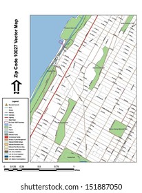 Vector map with summits,rivers, railroads, streets, lakes, parks, airports, stadiums, correctional facilities, military installations and federal lands by zip code 10027 with labels and clean layers.