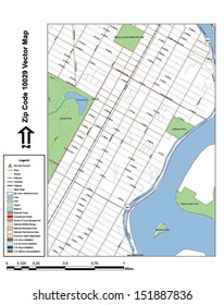 Vector map with summits,rivers, railroads, streets, lakes, parks, airports, stadiums, correctional facilities, military installations and federal lands by zip code 10029 with labels and clean layers.
