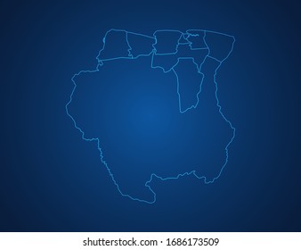 Vector map of Suriname abstract blue line scales on dark background.